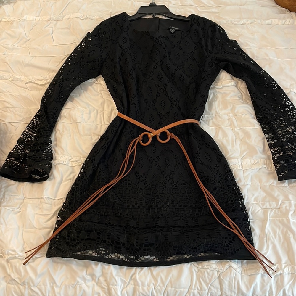 Black Lace Dress with Tan Belt